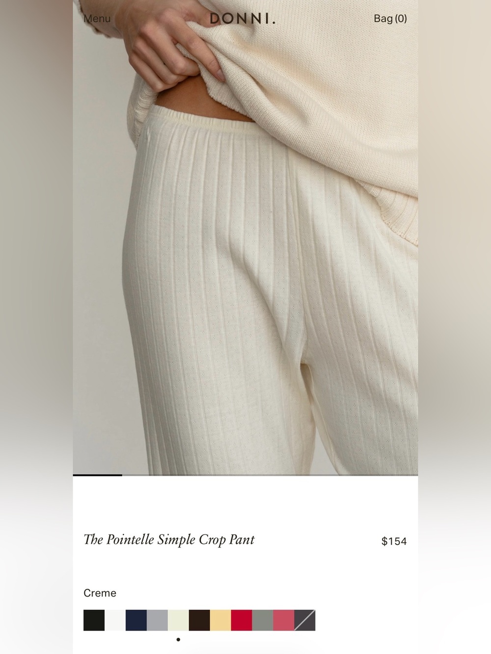 DONNI. The Pointelle Simple Crop Pant in Creme